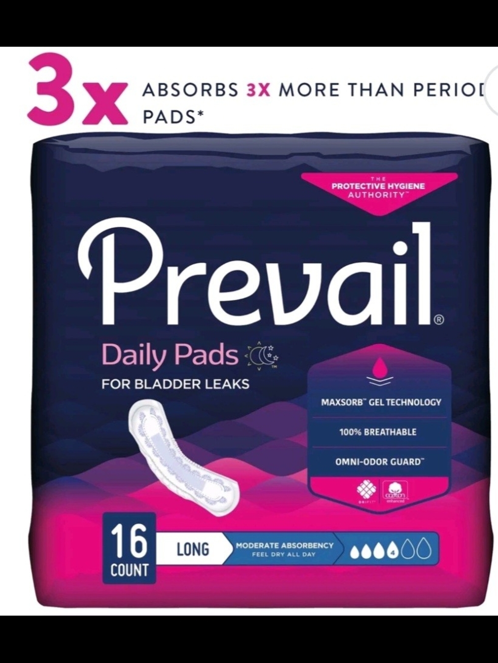 Prevail Daily Pads for Bladder Leaks — Long, Pink/Navy